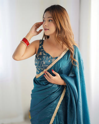 Teal Blue Mauve Elegant Ready-to-Wear Gold Crush Tissue Silk Saree with Fully Stitched Blouse - Premium Quality