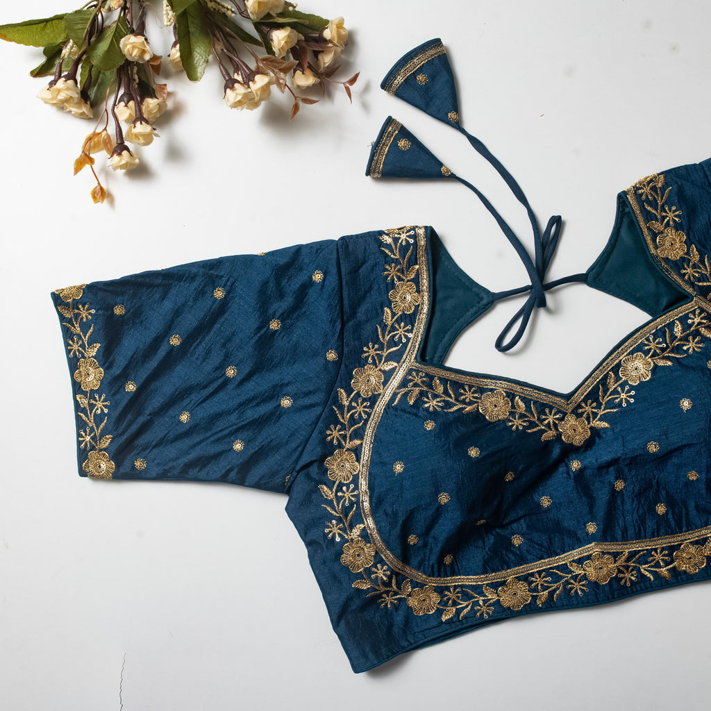 Teal Blue Olive Silk Blouse with Golden Embroidery and Sequins ClothsVilla