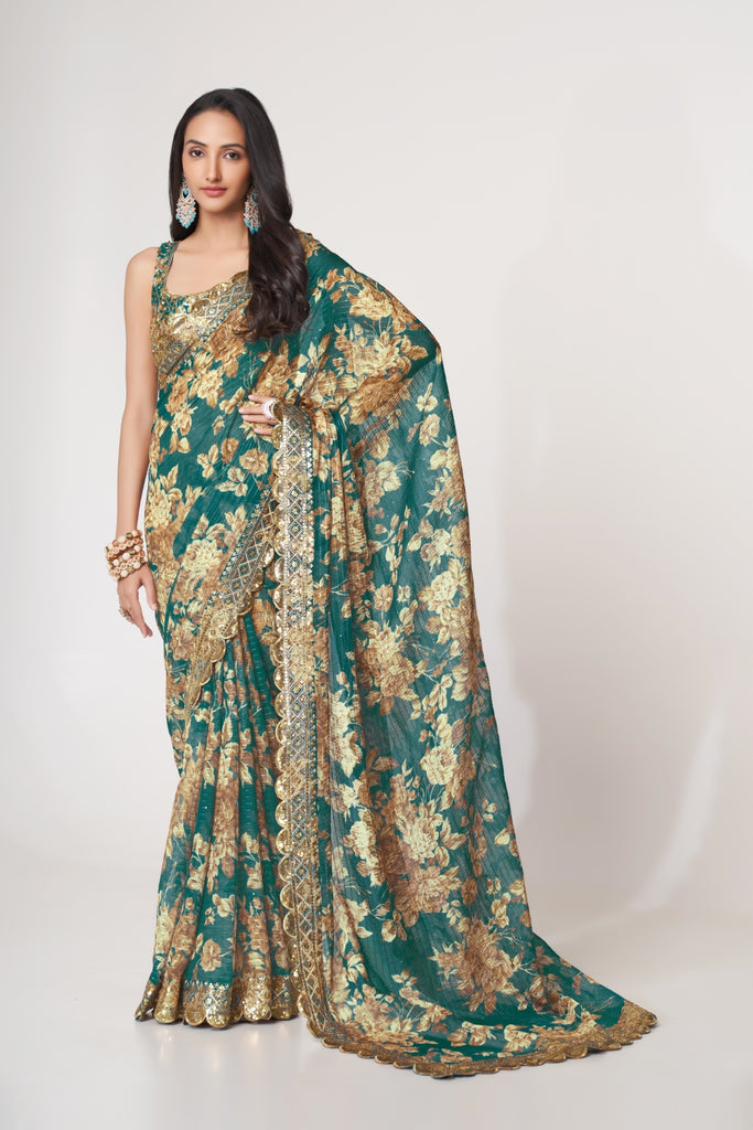 Teal Blue Organza Saree with Sequin Embroidery and Digital Print ClothsVilla