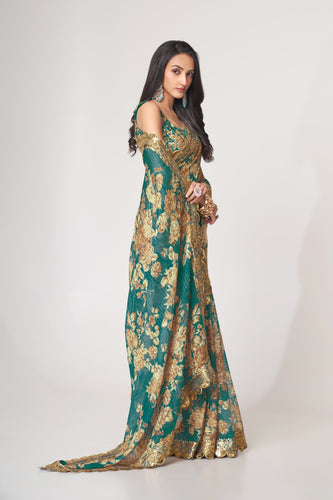 Teal Blue Organza Saree with Sequin Embroidery and Digital Print ClothsVilla