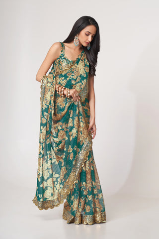 Teal Blue Organza Saree with Sequin Embroidery and Digital Print ClothsVilla