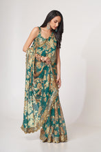 Load image into Gallery viewer, Teal Blue Organza Saree with Sequin Embroidery and Digital Print ClothsVilla
