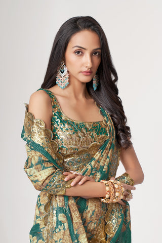 Teal Blue Organza Saree with Sequin Embroidery and Digital Print ClothsVilla