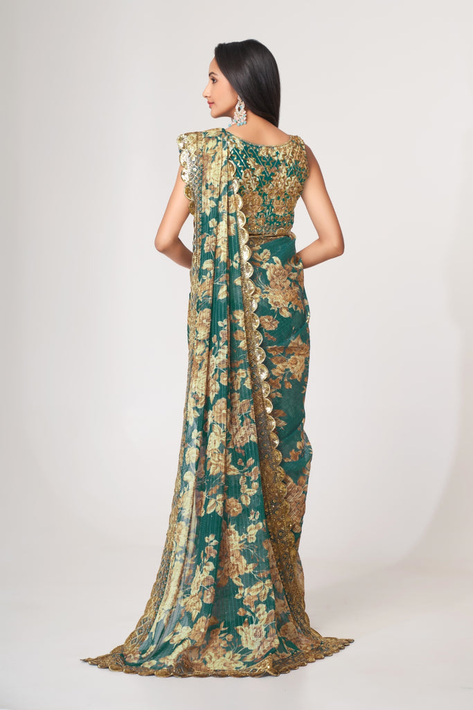 Teal Blue Organza Saree with Sequin Embroidery and Digital Print ClothsVilla