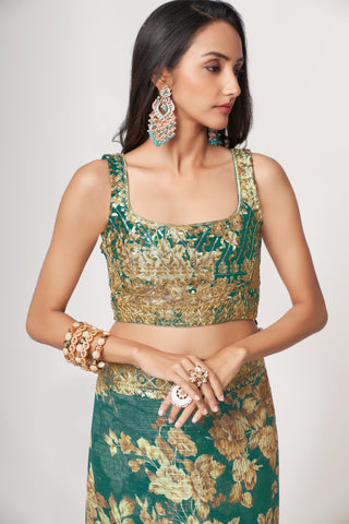 Teal Blue Organza Saree with Sequin Embroidery and Digital Print ClothsVilla