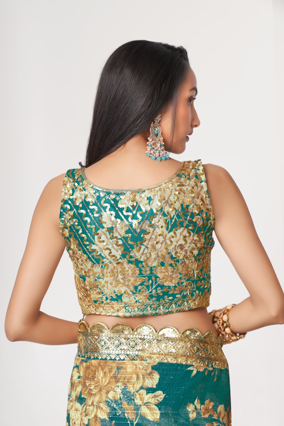 Teal Blue Organza Saree with Sequin Embroidery and Digital Print ClothsVilla