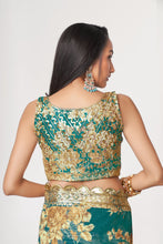 Load image into Gallery viewer, Teal Blue Organza Saree with Sequin Embroidery and Digital Print ClothsVilla