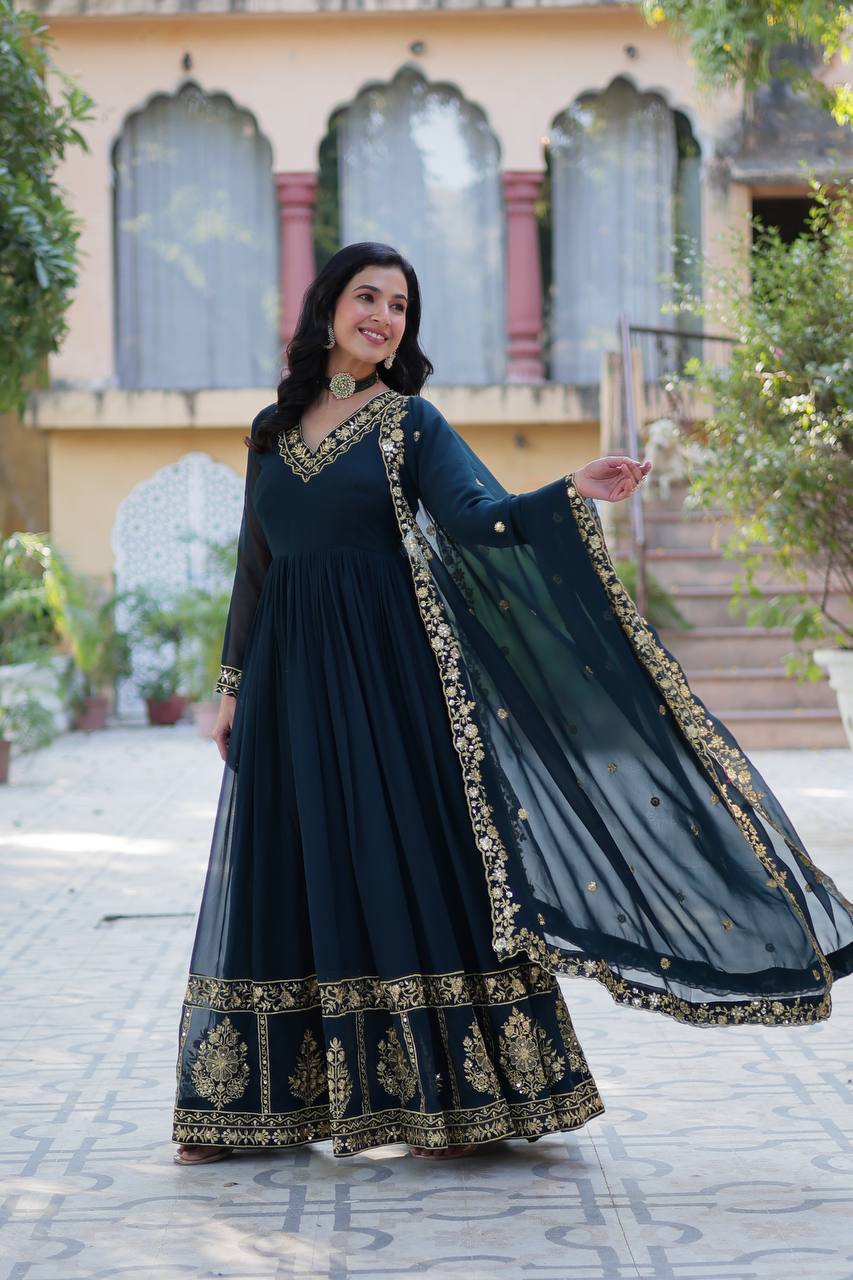 Teal Blue Premium Designer Readymade Gown