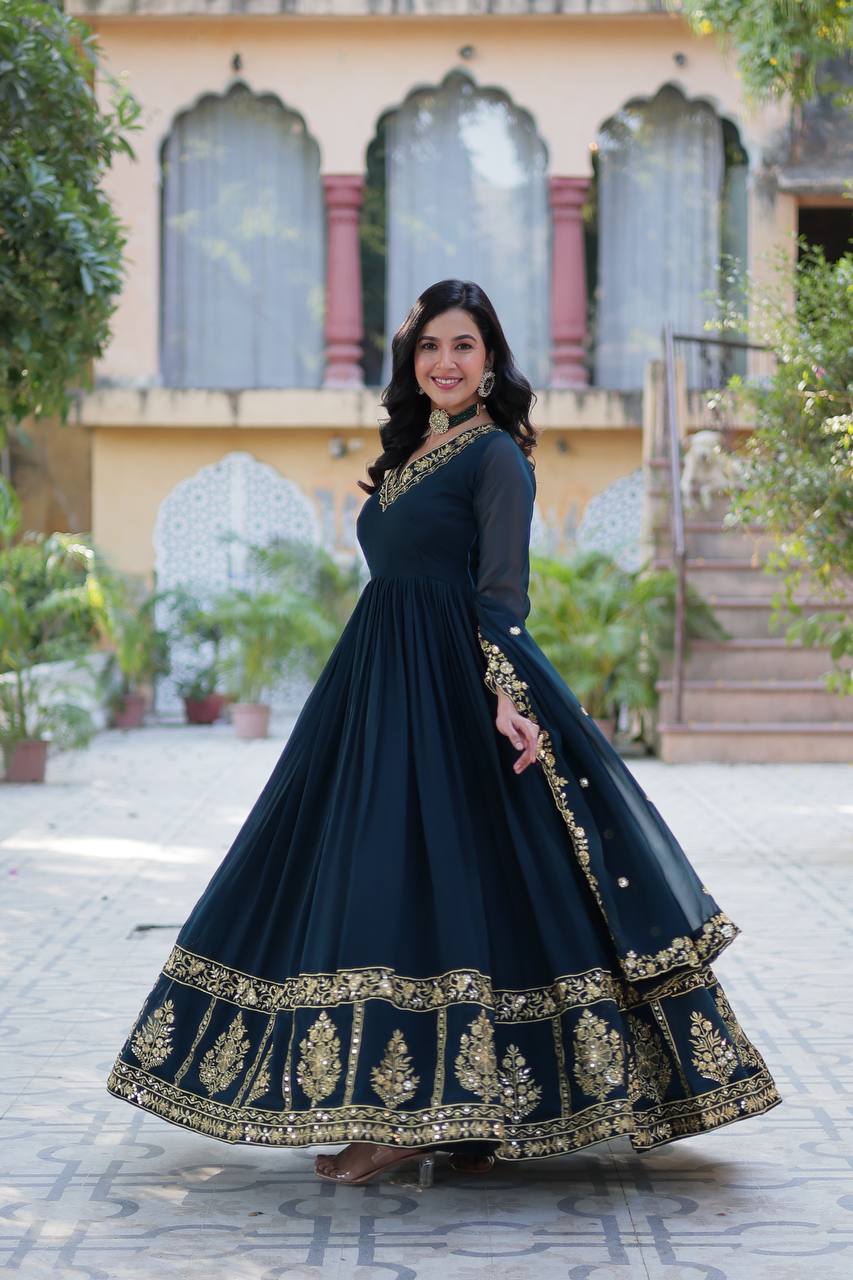 Teal Blue Premium Designer Readymade Gown