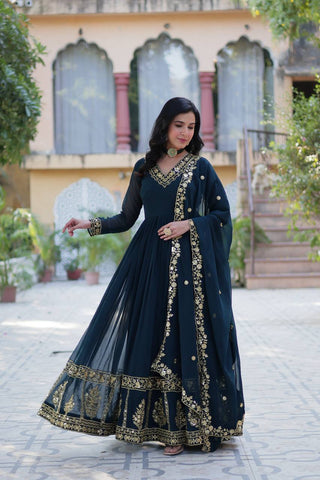 Teal Blue Premium Designer Readymade Gown