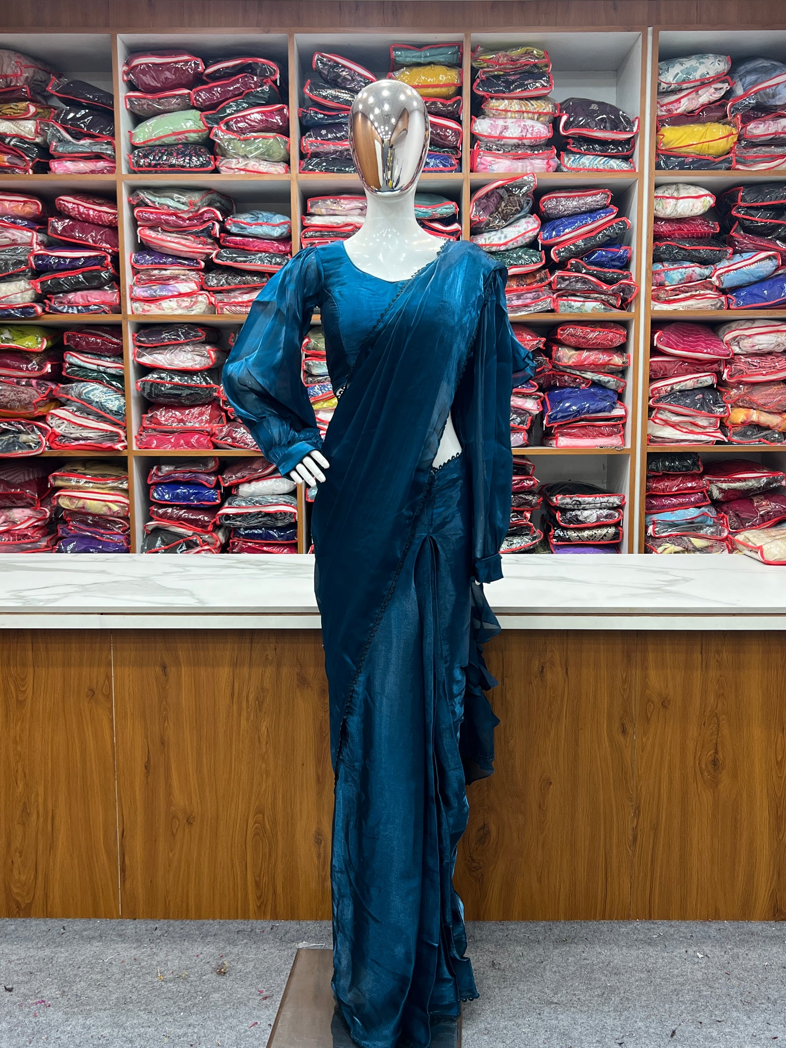 Teal Blue Premium Ready-to-Wear Organza Ruffle Saree with Stitched Blouse