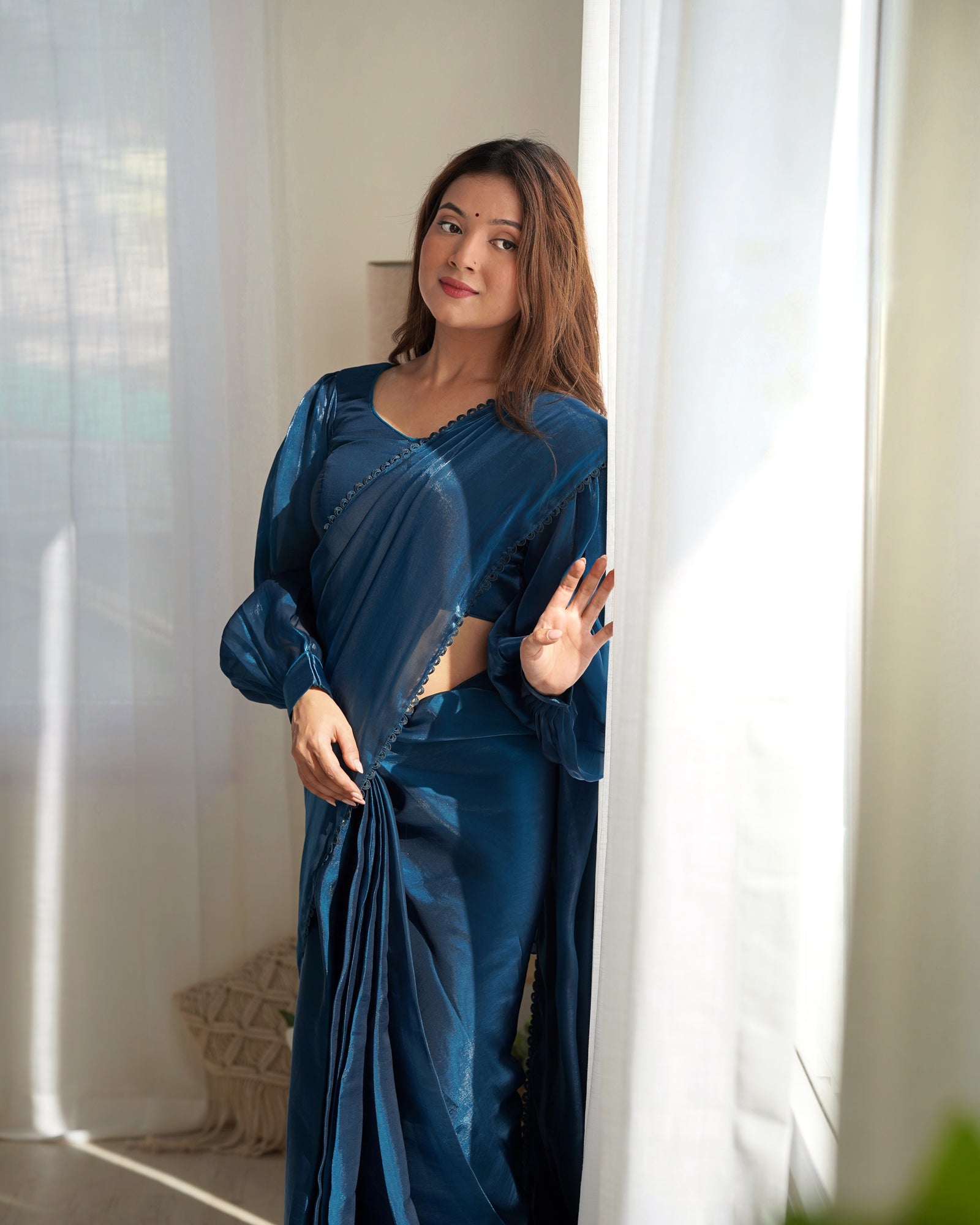 Teal Blue Premium Ready-to-Wear Organza Ruffle Saree with Stitched Blouse