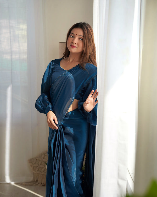 Teal Blue Premium Ready-to-Wear Organza Ruffle Saree with Stitched Blouse