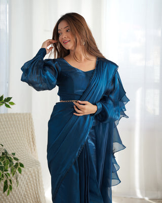 Teal Blue Premium Ready-to-Wear Organza Ruffle Saree with Stitched Blouse