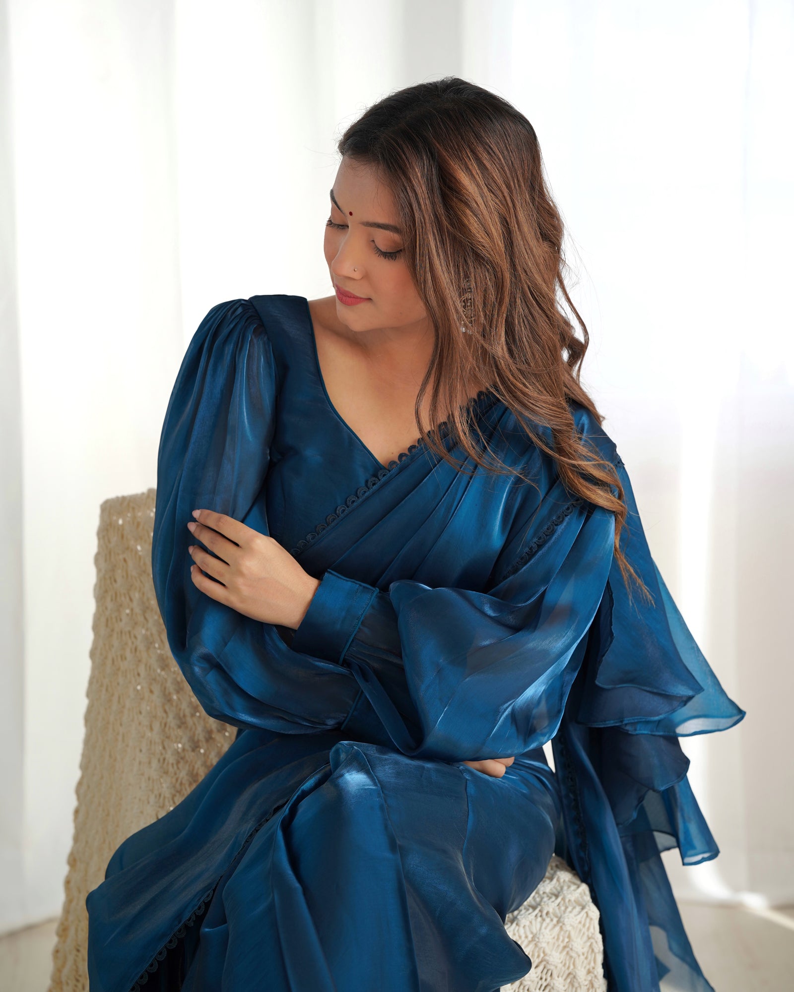 Teal Blue Premium Ready-to-Wear Organza Ruffle Saree with Stitched Blouse