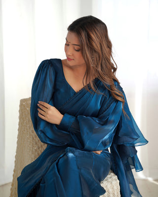 Teal Blue Premium Ready-to-Wear Organza Ruffle Saree with Stitched Blouse
