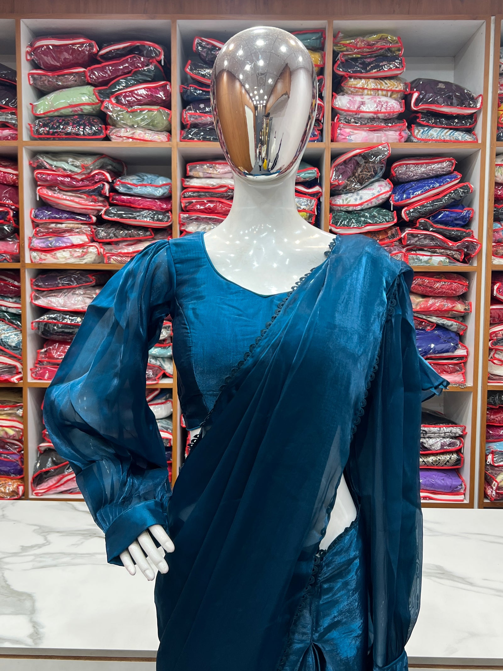Teal Blue Premium Ready-to-Wear Organza Ruffle Saree with Stitched Blouse