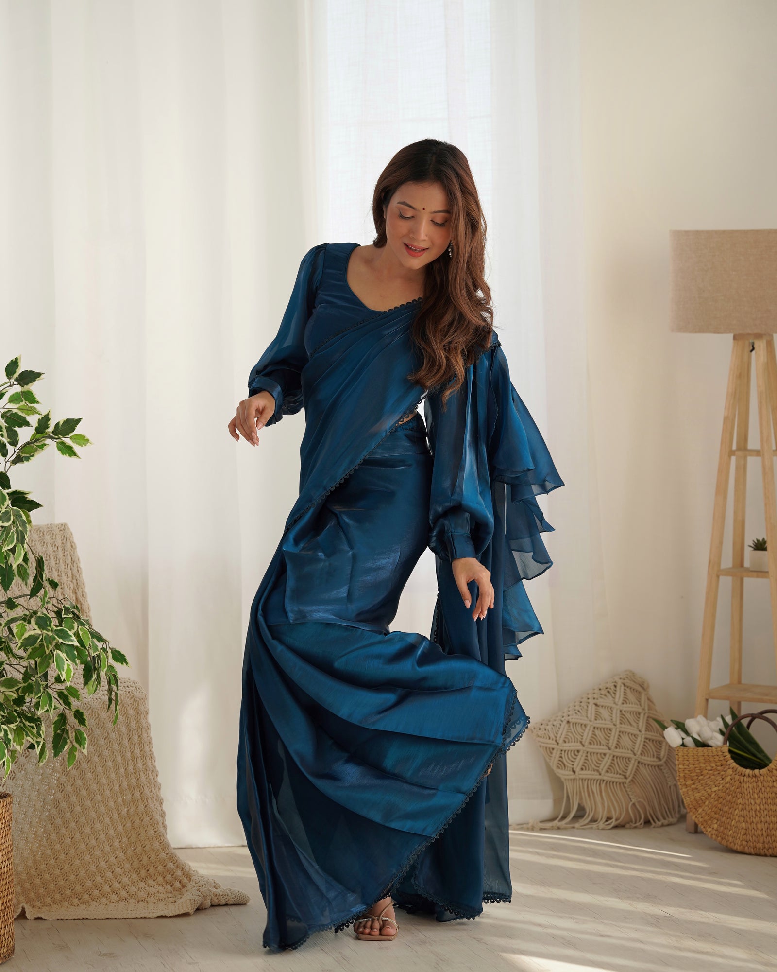 Teal Blue Premium Ready-to-Wear Organza Ruffle Saree with Stitched Blouse