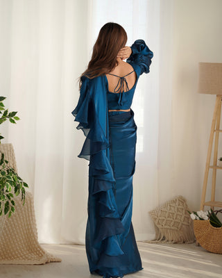 Teal Blue Premium Ready-to-Wear Organza Ruffle Saree with Stitched Blouse