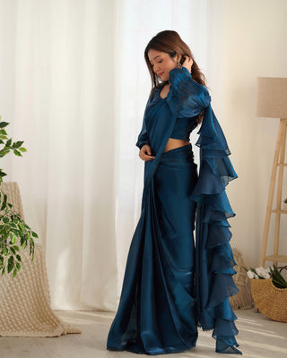 Teal Blue Premium Ready-to-Wear Organza Ruffle Saree with Stitched Blouse