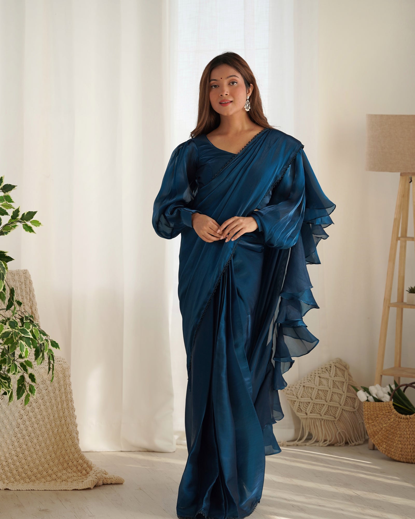 Teal Blue Premium Ready-to-Wear Organza Ruffle Saree with Stitched Blouse