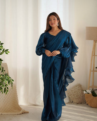 Teal Blue Premium Ready-to-Wear Organza Ruffle Saree with Stitched Blouse