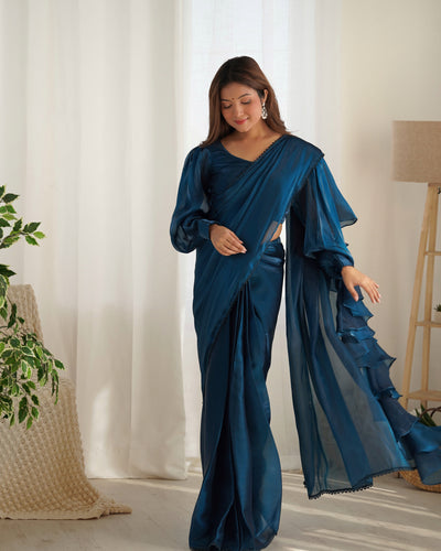 Teal Blue Premium Ready-to-Wear Jimmy Choo Organza Ruffle Saree with Stitched Blouse