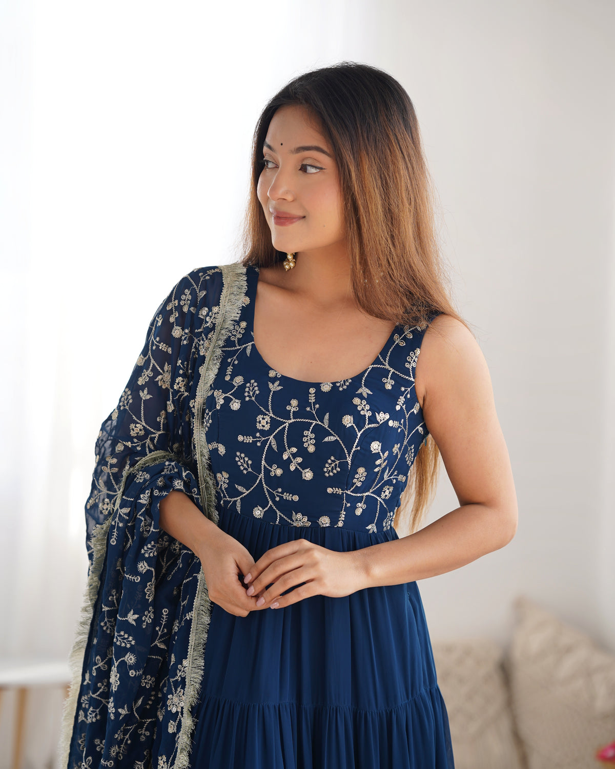 Teal Blue Pure Soft Fox Georgette Anarkali Set with Dupatta & Pant