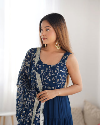 Teal Blue Pure Soft Fox Georgette Anarkali Set with Dupatta & Pant