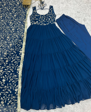 Teal Blue Pure Soft Fox Georgette Anarkali Set with Dupatta & Pant