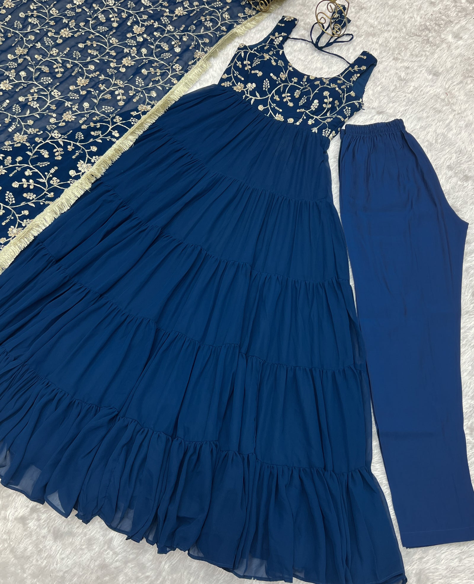 Teal Blue Pure Soft Fox Georgette Anarkali Set with Dupatta & Pant