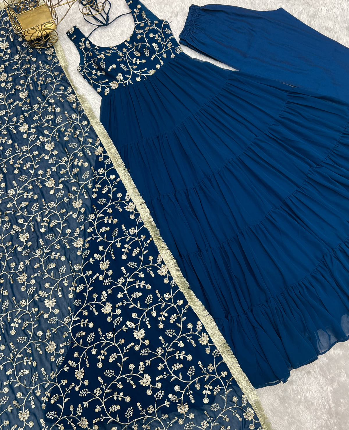 Teal Blue Pure Soft Fox Georgette Anarkali Set with Dupatta & Pant