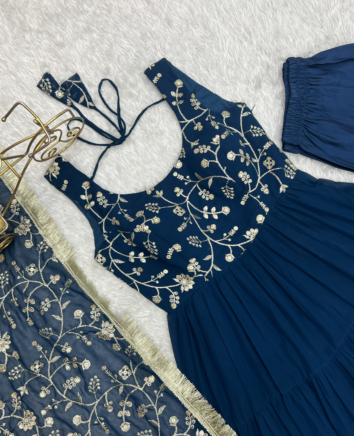 Teal Blue Pure Soft Fox Georgette Anarkali Set with Dupatta & Pant