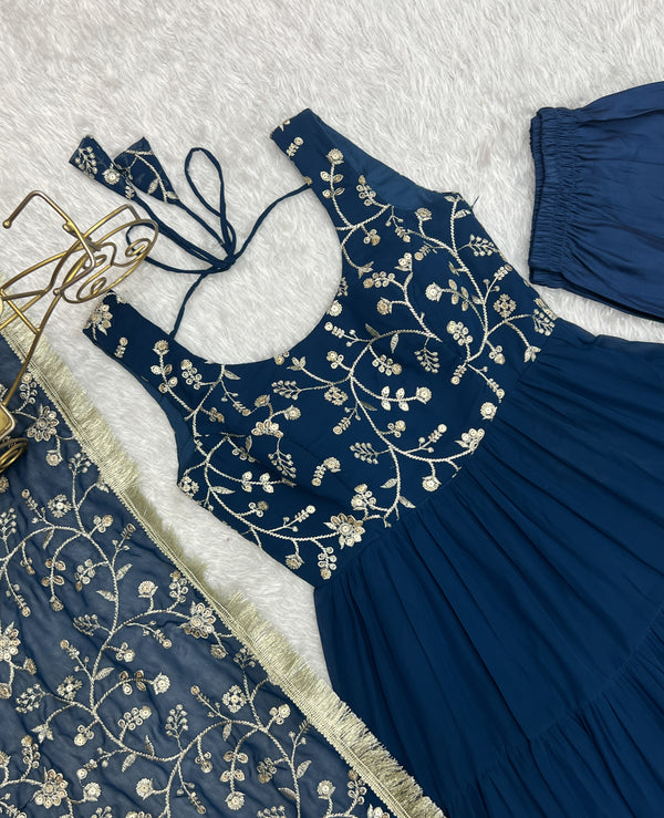 Teal Blue Pure Soft Fox Georgette Anarkali Set with Dupatta & Pant