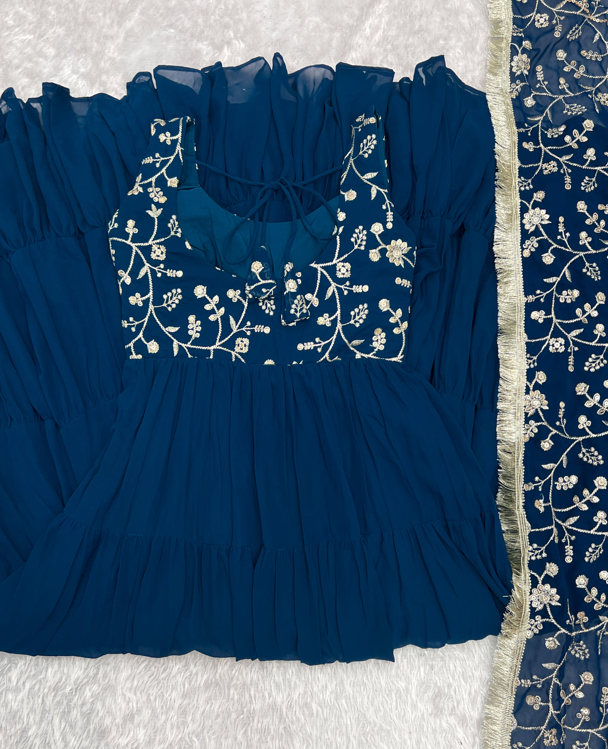 Teal Blue Pure Soft Fox Georgette Anarkali Set with Dupatta & Pant