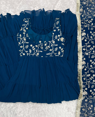 Teal Blue Pure Soft Fox Georgette Anarkali Set with Dupatta & Pant
