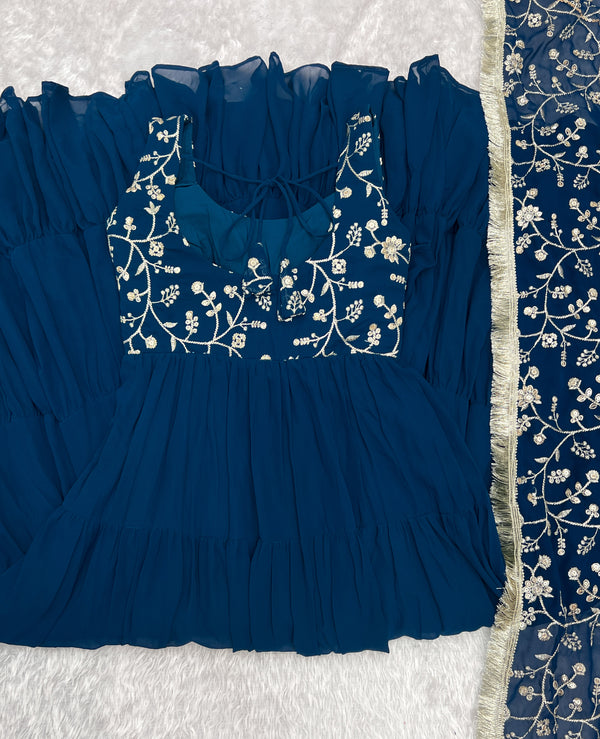 Teal Blue Pure Soft Fox Georgette Anarkali Set with Dupatta & Pant