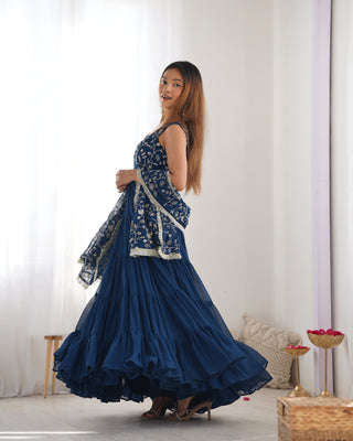Teal Blue Pure Soft Fox Georgette Anarkali Set with Dupatta & Pant