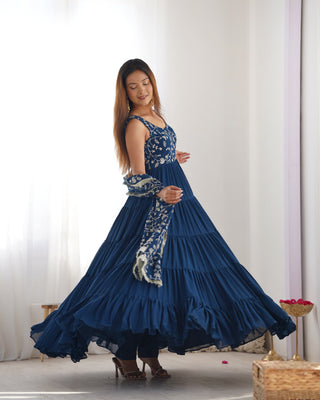 Teal Blue Pure Soft Fox Georgette Anarkali Set with Dupatta & Pant