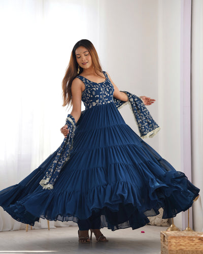 Teal Blue Pure Soft Fox Georgette Anarkali Set with Dupatta & Pant