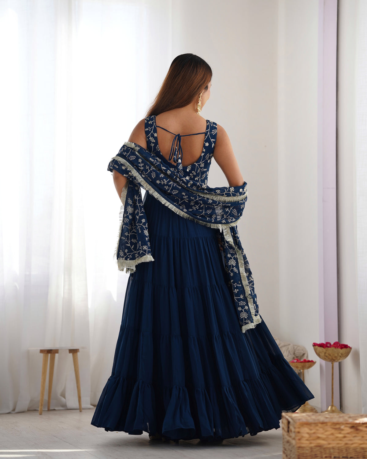Teal Blue Pure Soft Fox Georgette Anarkali Set with Dupatta & Pant
