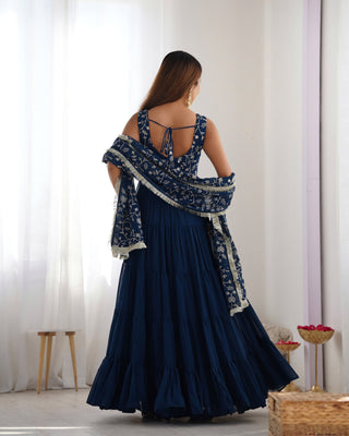 Teal Blue Pure Soft Fox Georgette Anarkali Set with Dupatta & Pant