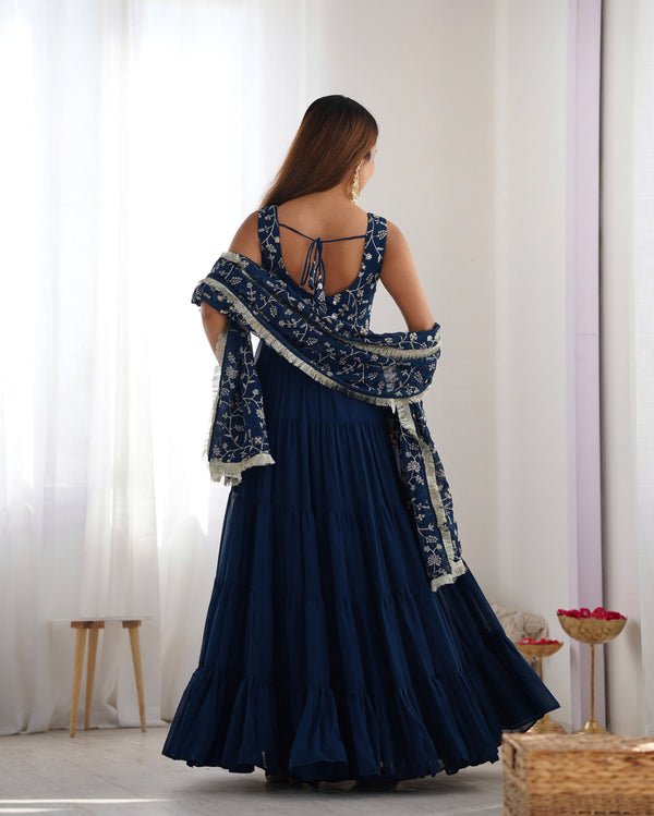 Teal Blue Pure Soft Fox Georgette Anarkali Set with Dupatta & Pant