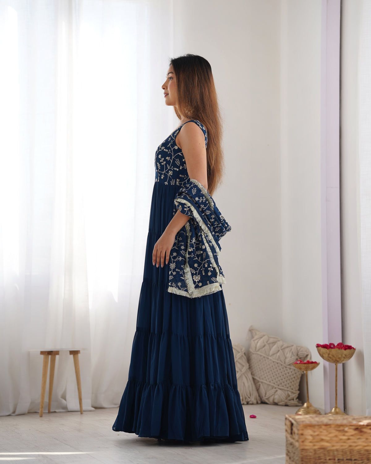 Teal Blue Pure Soft Fox Georgette Anarkali Set with Dupatta & Pant