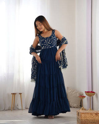 Teal Blue Pure Soft Fox Georgette Anarkali Set with Dupatta & Pant