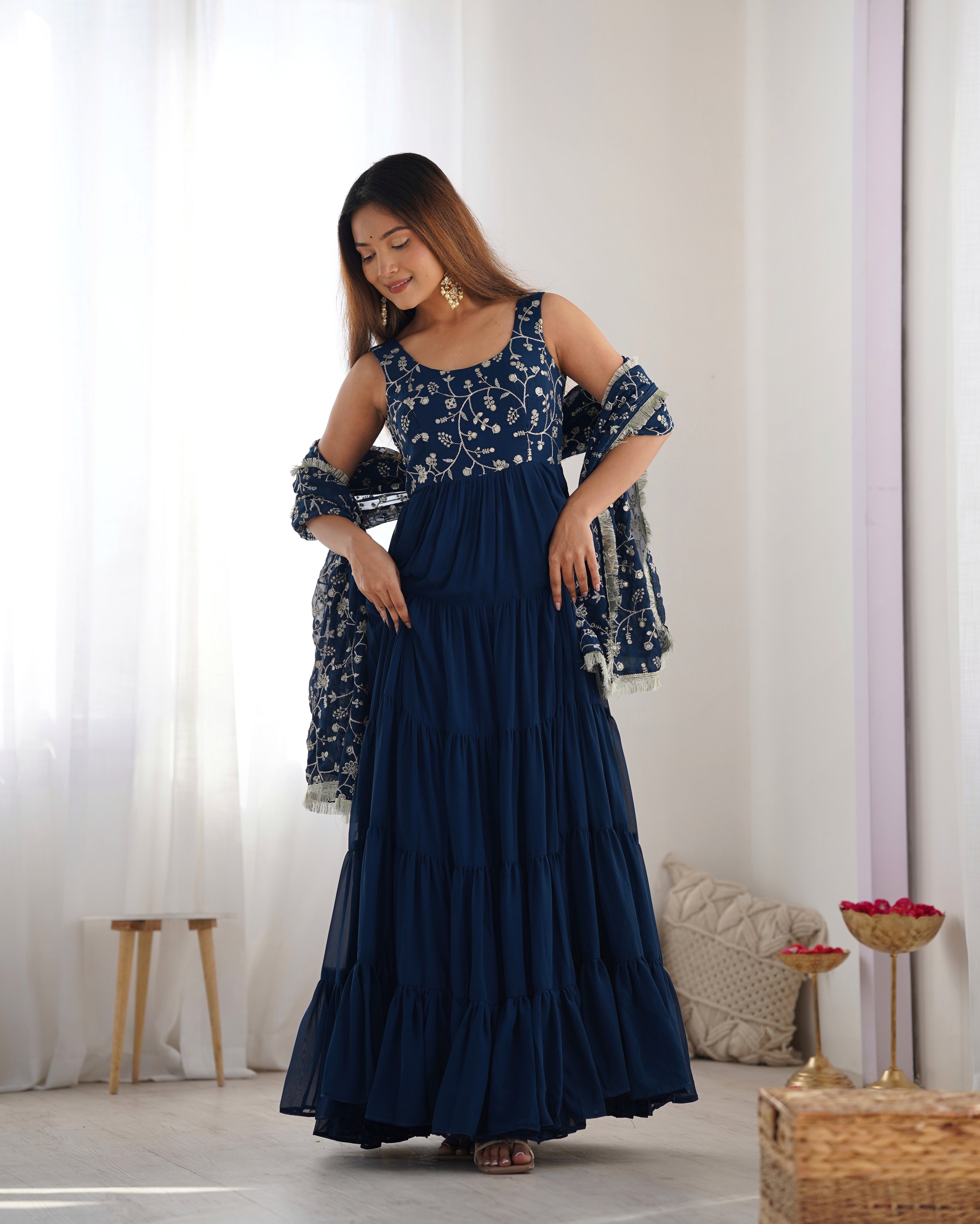 Teal Blue Pure Soft Fox Georgette Anarkali Set with Dupatta & Pant