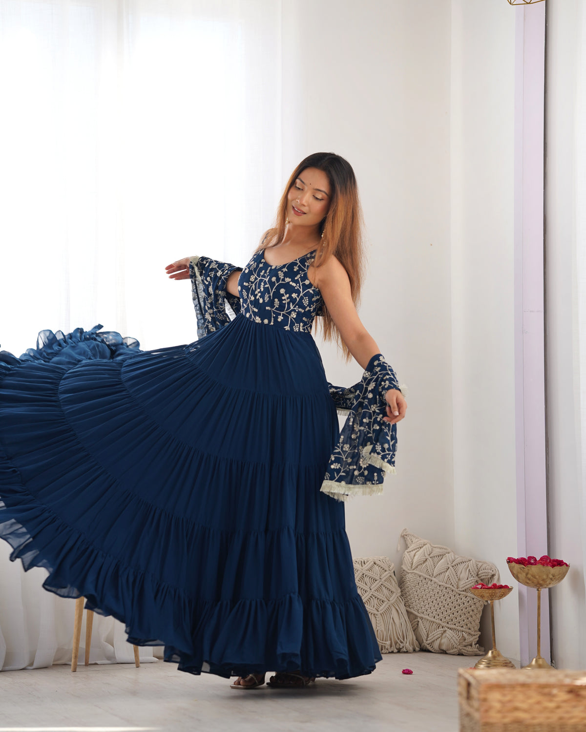 Teal Blue Pure Soft Fox Georgette Anarkali Set with Dupatta & Pant
