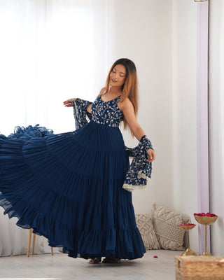 Teal Blue Pure Soft Fox Georgette Anarkali Set with Dupatta & Pant
