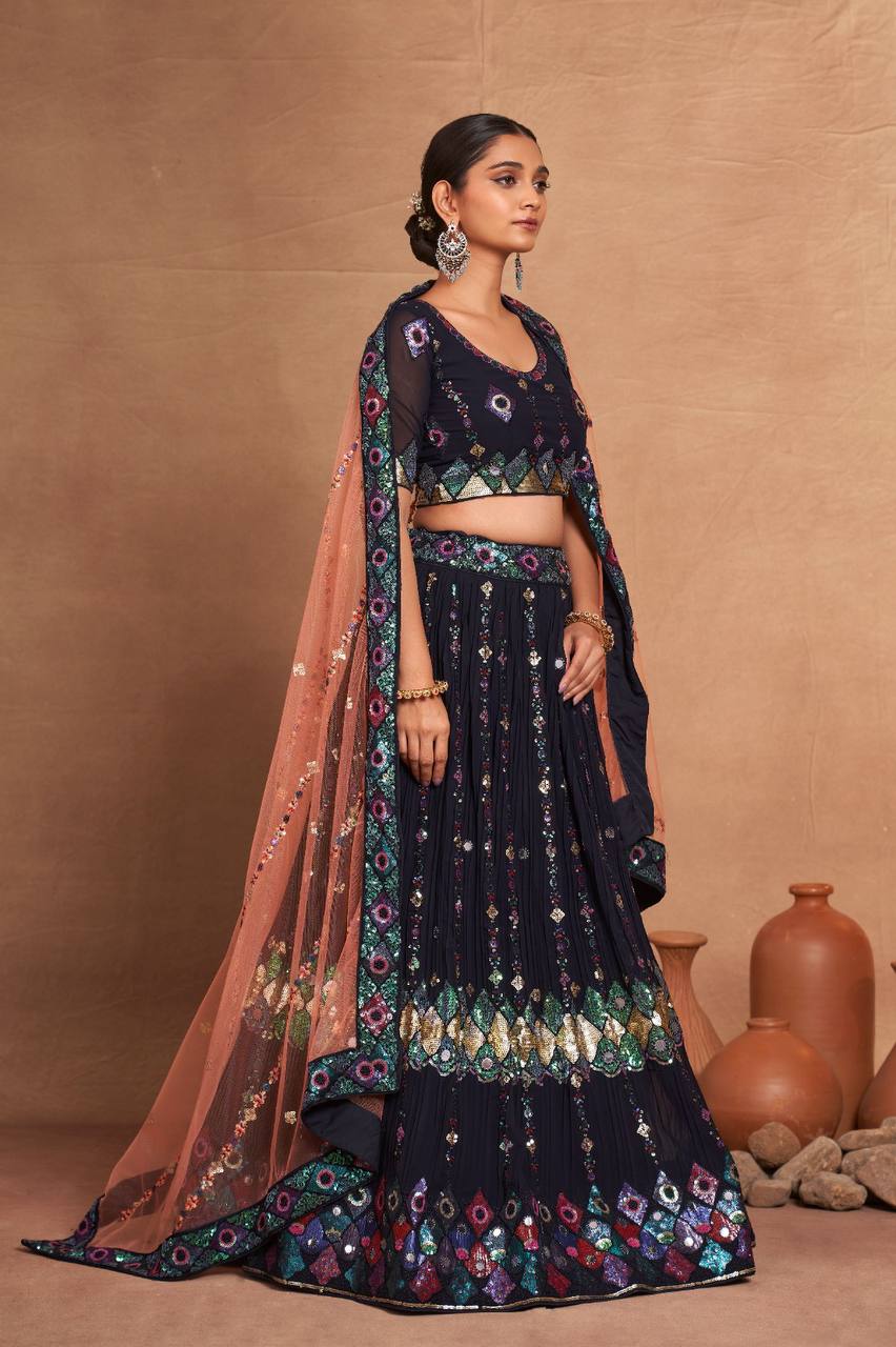 Teal Blue Regal Embroidered Georgette Lehenga Set – A Perfect Blend of Grace & Glamour ClothsVilla Main image