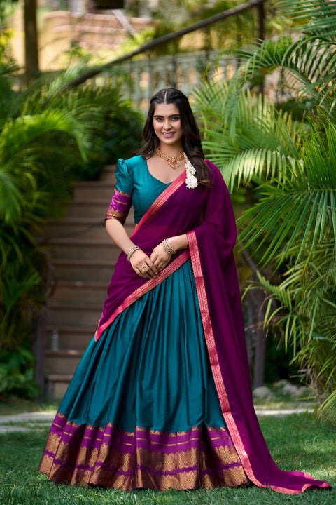 Teal Blue South Style Poly Cotton Half Saree – A Timeless Blend of Tradition & Elegance Main image